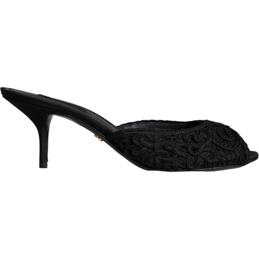 Dolce & Gabbana Black Keira Cordonetto Heels Slides Shoes Dolce & Gabbana