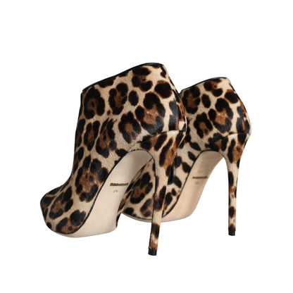 Dolce & Gabbana Brown Leopard Calf Fur Heels Ankle Boots Shoes