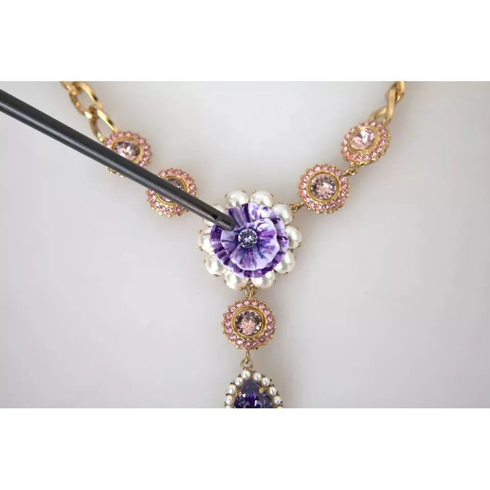 Gold Brass Crystal Purple Pink Pearl Pendants Necklace