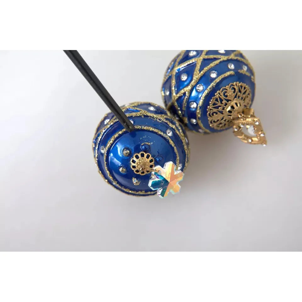 Gold Brass Blue Dangle Christmas Ball Crystal Clip On Earrings