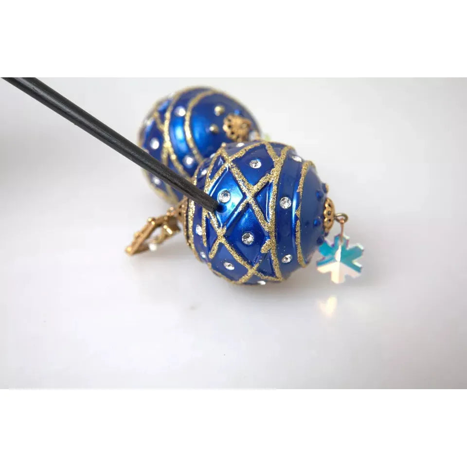 Gold Brass Blue Dangle Christmas Ball Crystal Clip On Earrings