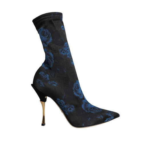 Dolce & Gabbana Black Floral Stretch Mid Calf Boots Shoes Dolce & Gabbana