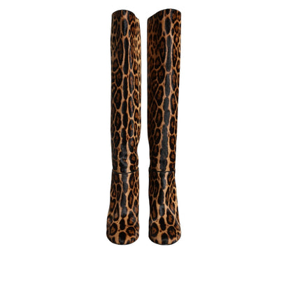 Dolce & Gabbana Beige Black Leopard Knee High Boots Shoes