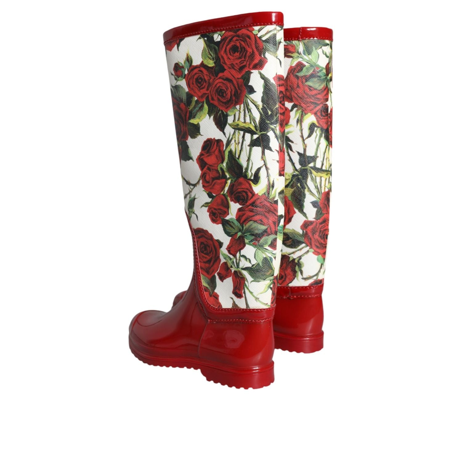 Dolce & Gabbana Red Floral Rubber Knee High Flat Boots Shoes