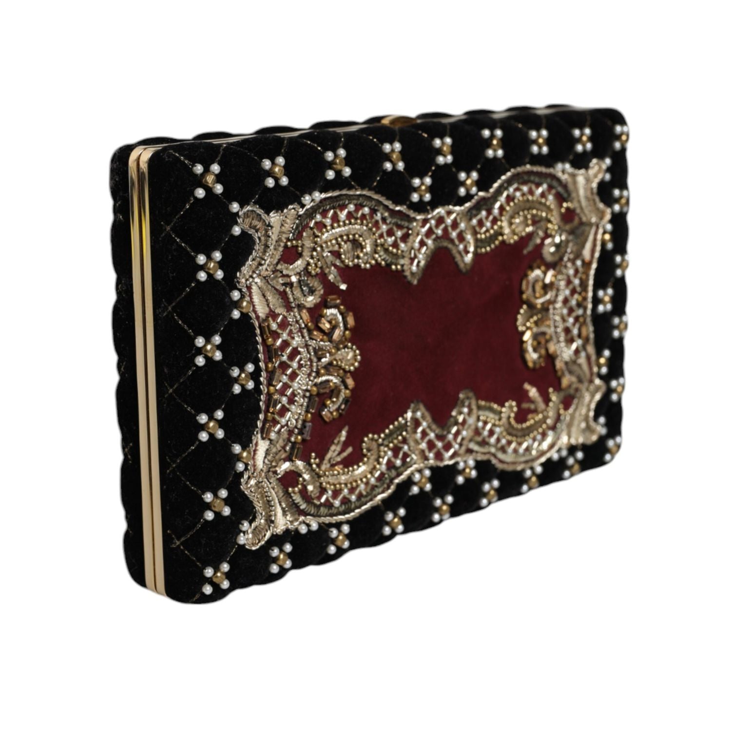 حقيبة كلاتش سهرة من دولتشي آند غابانا بوردو مخملية سوداء بإطار ذهبي