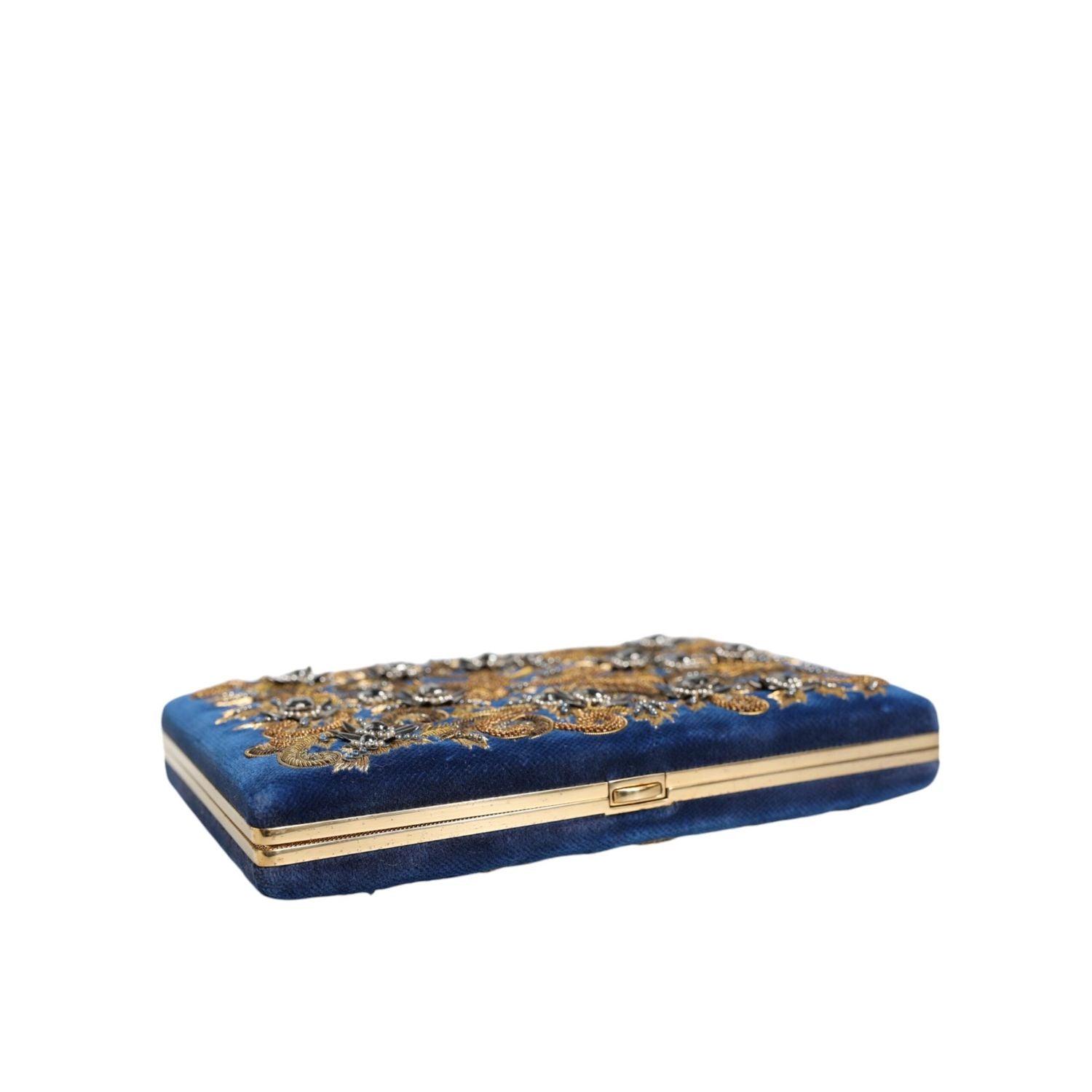 Dolce & Gabbana Blue Velvet Gold Frame Clutch Evening Party Purse Bag