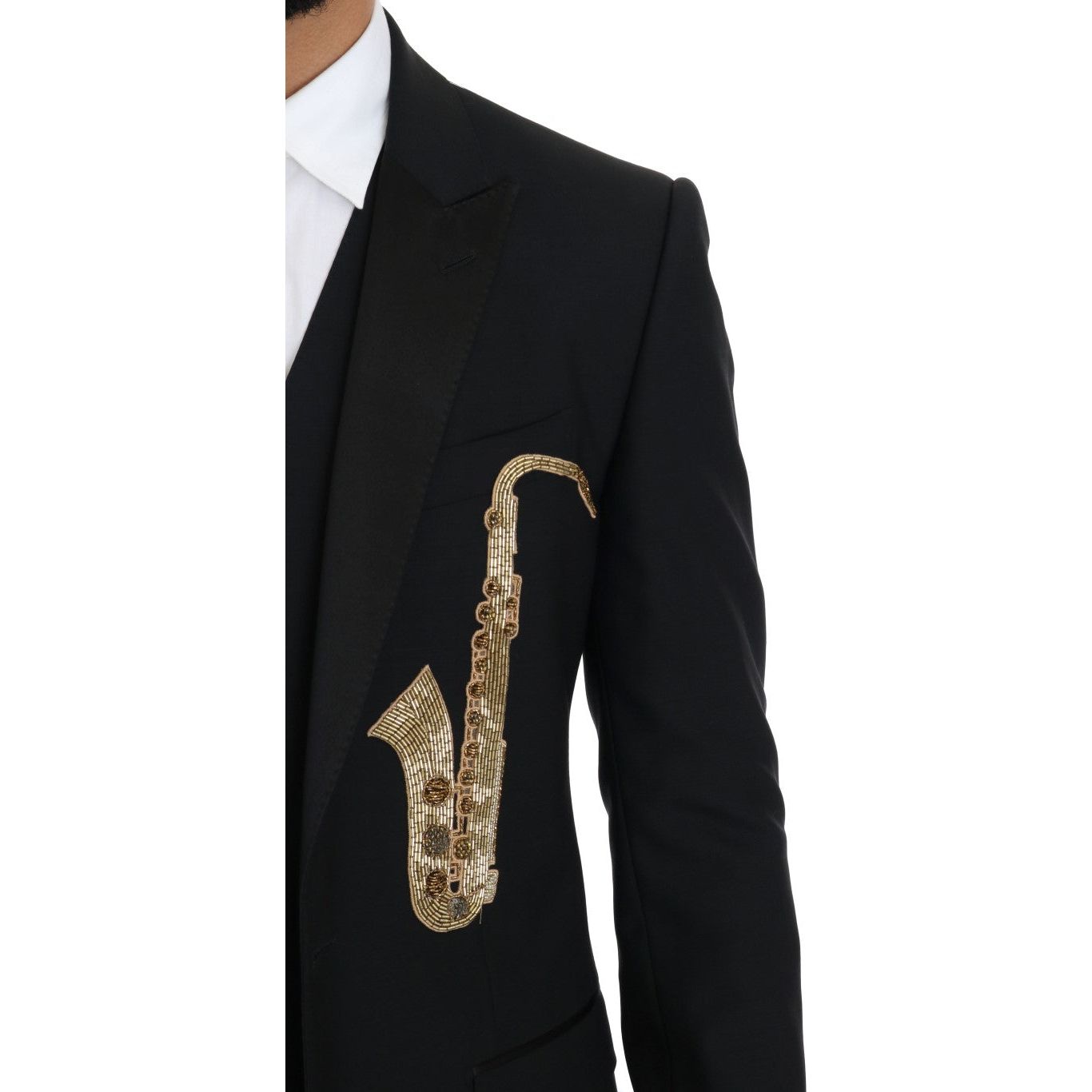 Elegant Black Three-Piece Suit with Saxophone Embroidery