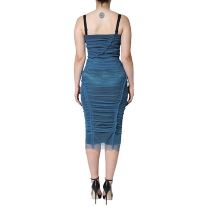 Dolce & Gabbana Blue Mesh Trim Ruched Tulle Sheath Dress