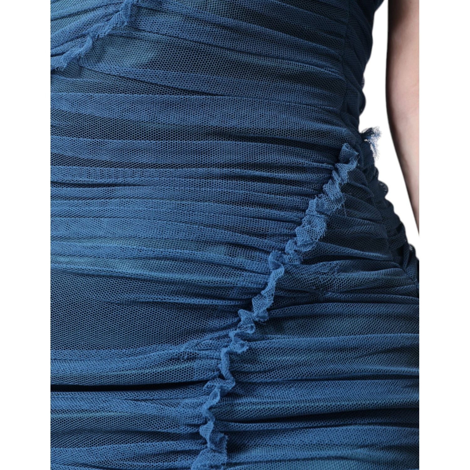 Dolce & Gabbana Blue Mesh Trim Ruched Tulle Sheath Dress