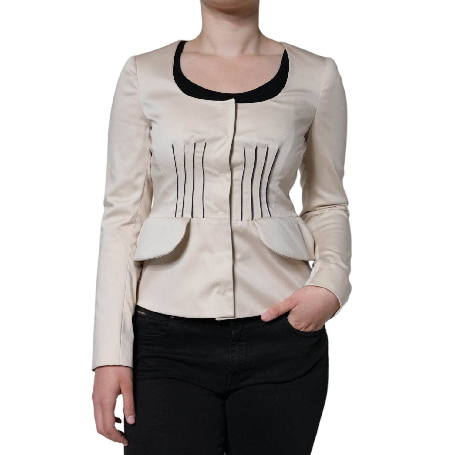 Valentino Beige Cotton Long Sleeves Round Neck Blazer Jacket