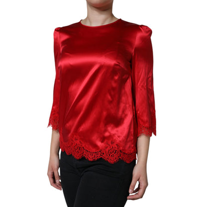 Dolce & Gabbana Red Satin Lace Trim Round Neck Blouse Top
