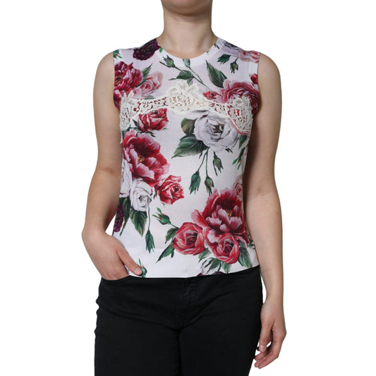 Dolce & Gabbana White Floral Lace Silk Sleeveless Tank Top Dolce & Gabbana