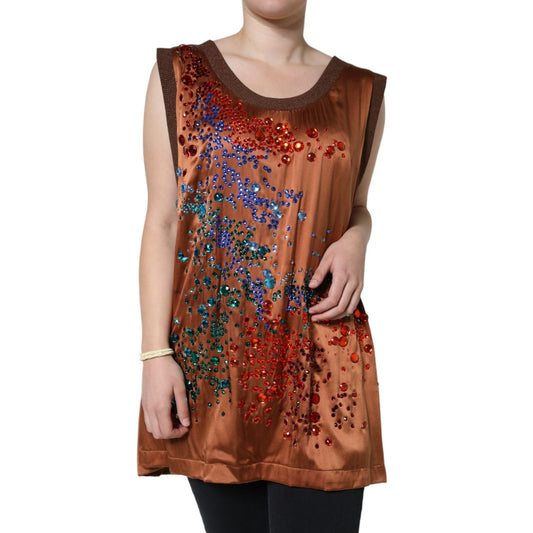 Dolce & Gabbana Brown Crystal Embellished Sleeveless Tank Top Dolce & Gabbana