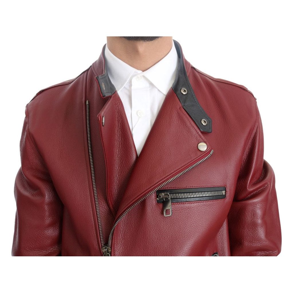 Dolce & Gabbana Radiant Red Leather Biker Motorcycle Jacket Coats & Jackets red-leather-deerskin-jacket
