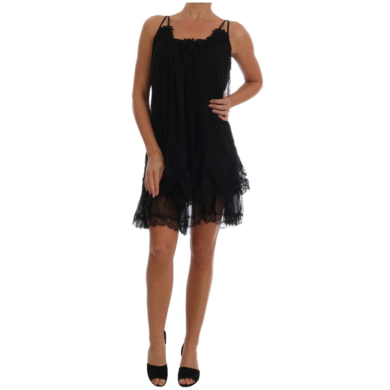 Elegant Black Silk Lace Chemise Dress