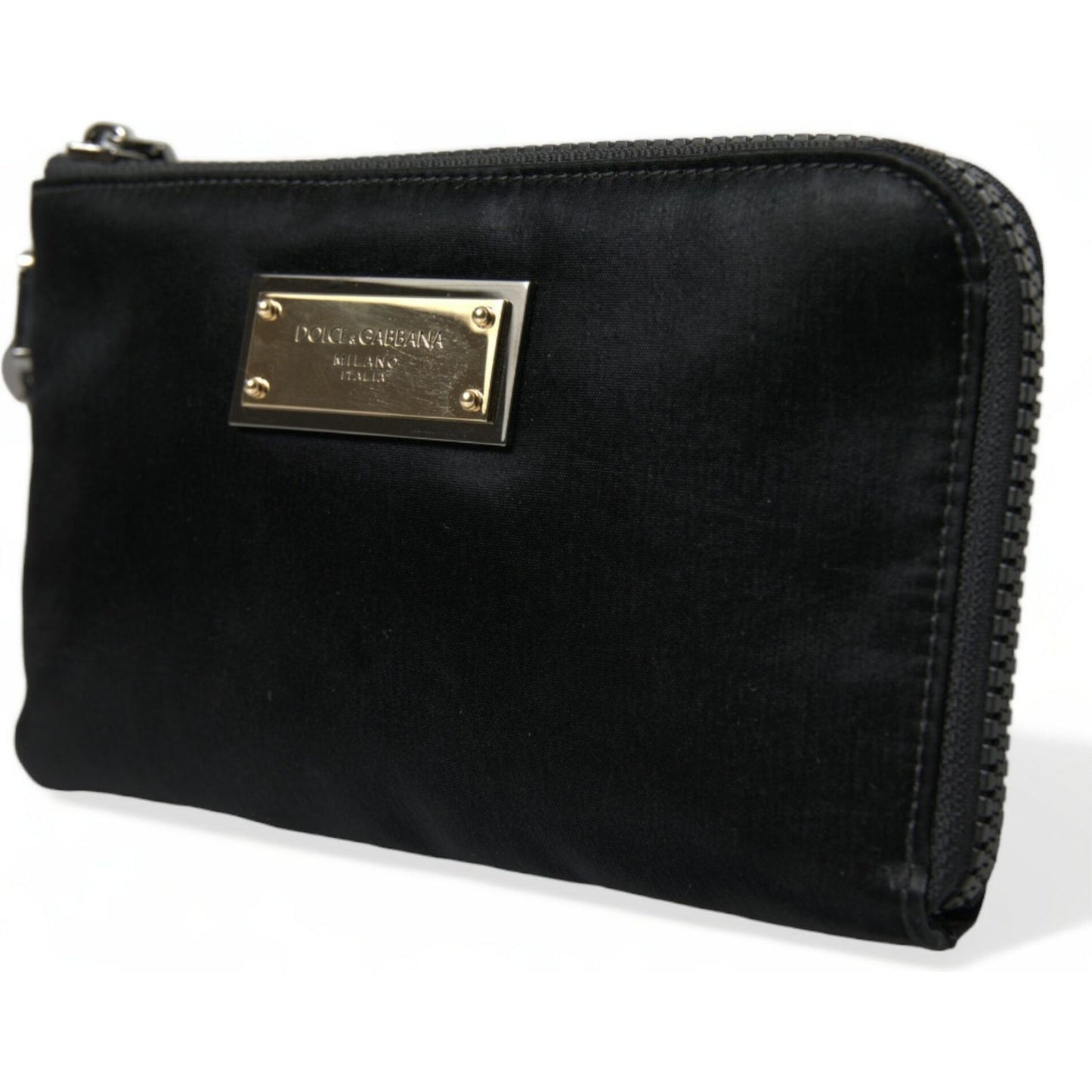 Dolce & Gabbana Elegant Black Nylon Leather Pouch with Silver Details black-nylon-logo-plaque-keyring-pouch-clutch-bag-3