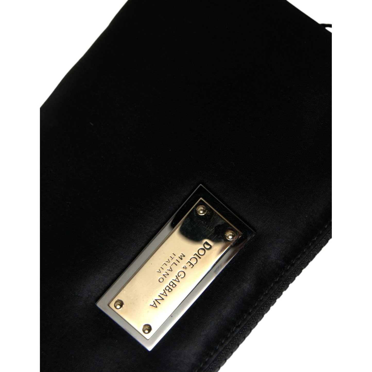 Dolce & Gabbana Elegant Black Nylon Leather Pouch with Silver Details black-nylon-logo-plaque-keyring-pouch-clutch-bag-3