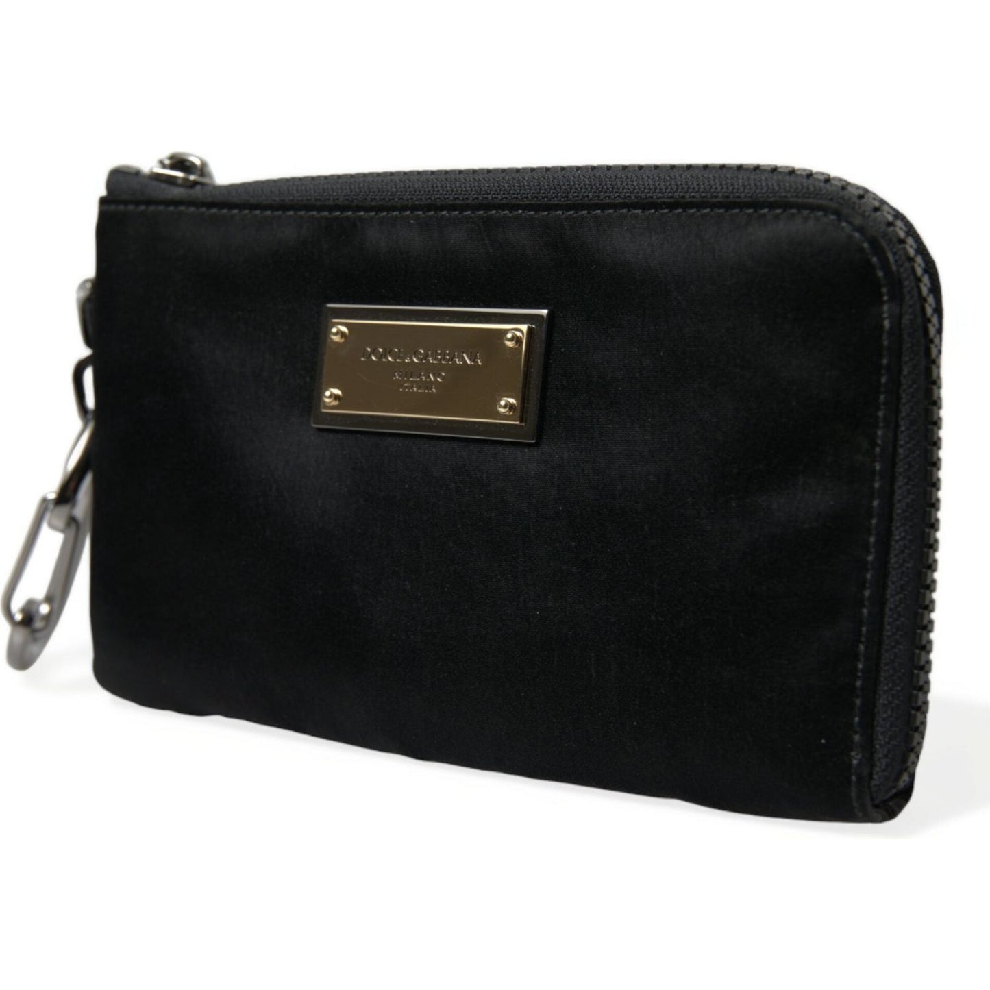 Dolce & Gabbana Elite Black Nylon & Leather Pouch with Logo Detail black-nylon-logo-plaque-keyring-pouch-clutch-bag-2