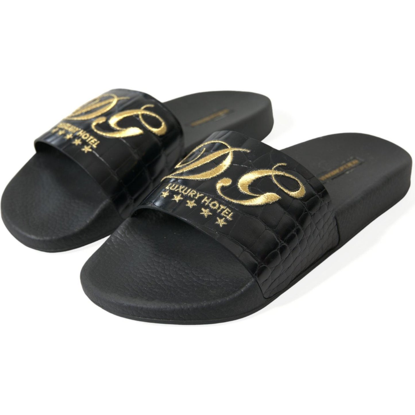 Dolce & Gabbana Elegant Black and Gold Leather Slides black-luxury-hotel-beachwear-sandals-shoes