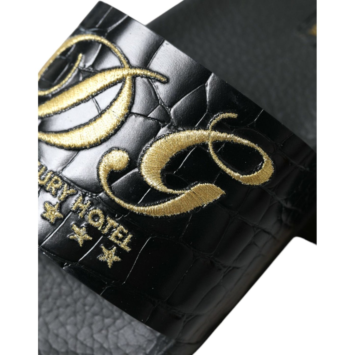 Dolce & Gabbana Elegant Black and Gold Leather Slides black-luxury-hotel-beachwear-sandals-shoes