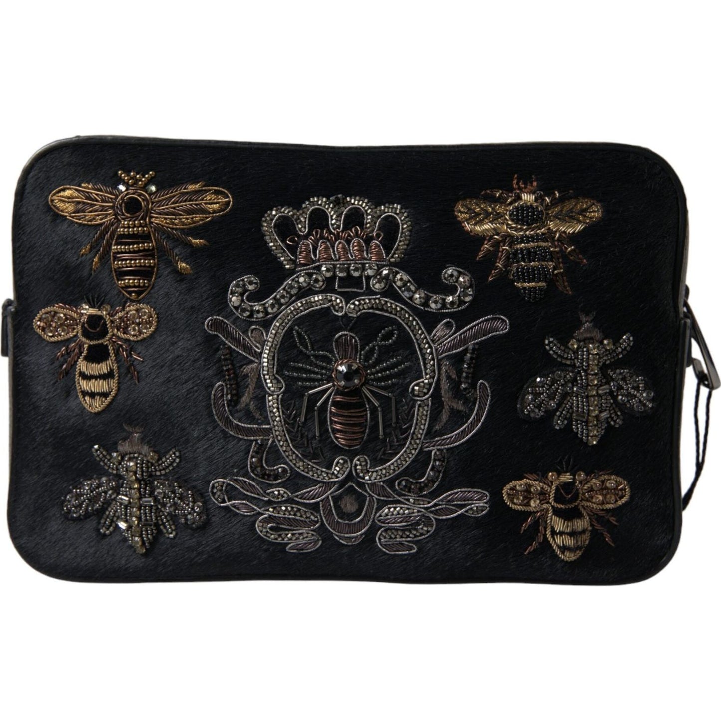 Dolce & Gabbana | Elegant Black Leather Clutch with Bee Adornments| McRichard Designer Brands   