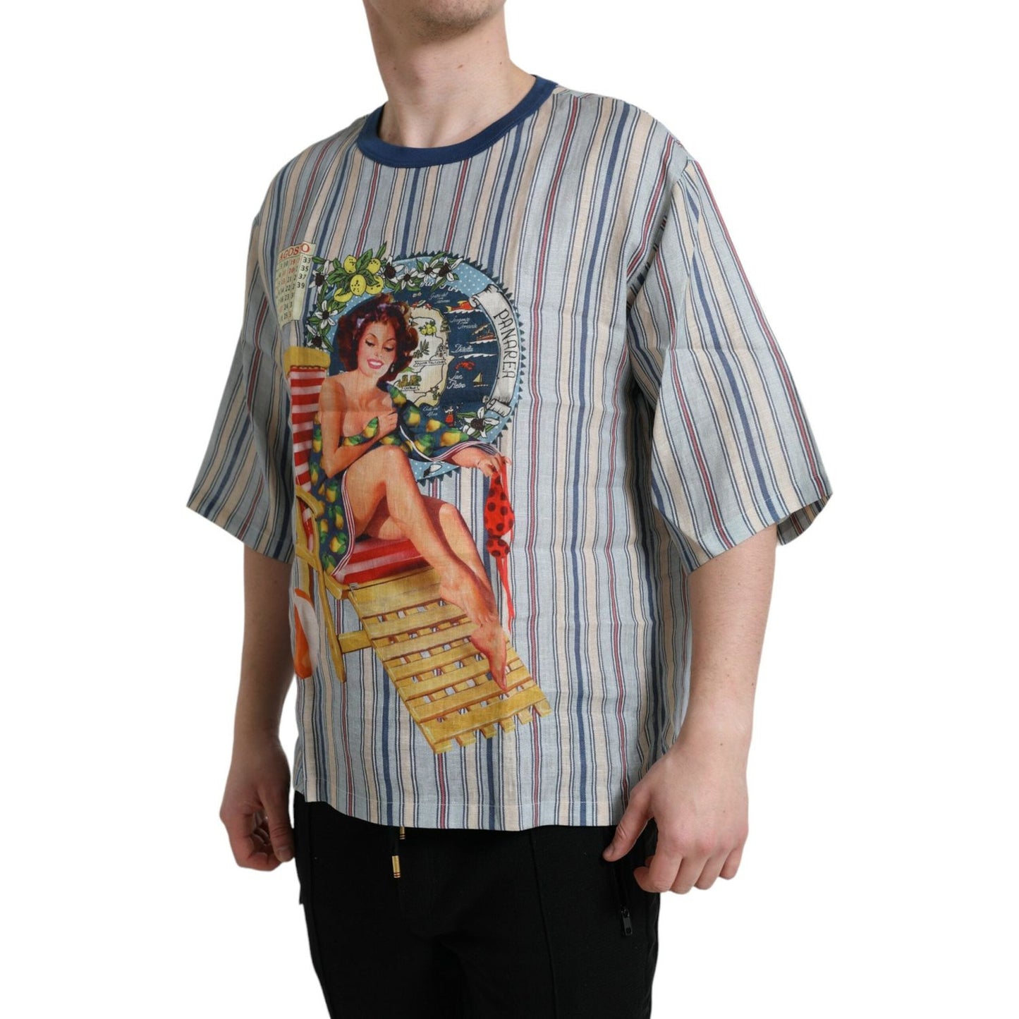Dolce & Gabbana Elegant Linen T-Shirt with AGOSTO Motif multicolor-agosto-print-linen-t-shirt