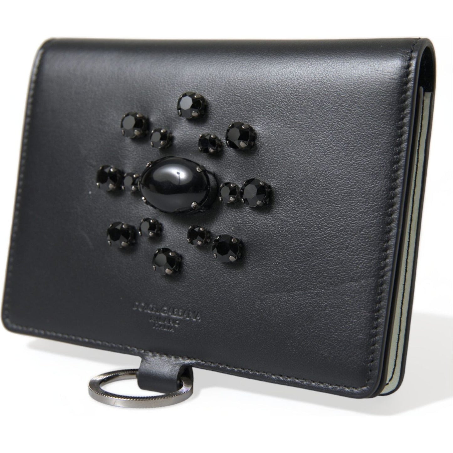 Dolce & Gabbana | Elegant Black Leather Crystal Card Holder Wallet| McRichard Designer Brands   
