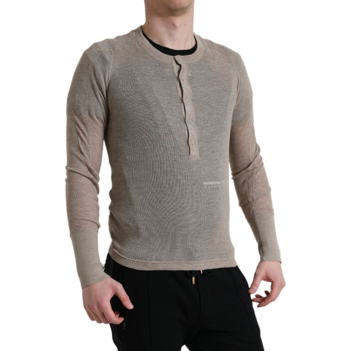 Dolce & Gabbana Elegant Beige Henley Cashmere Sweater henley-pullover-beige-cashmere-sweater