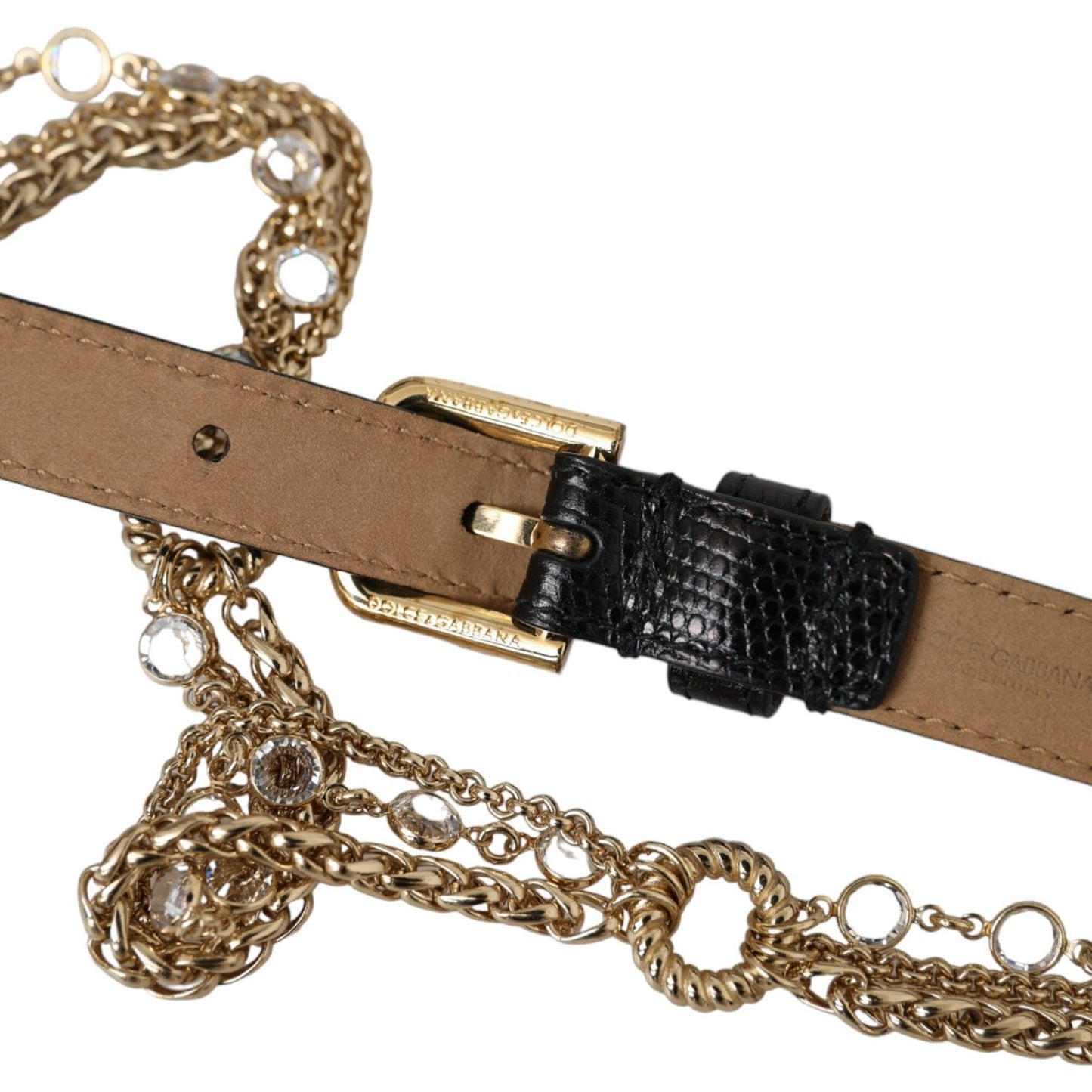 Black Leather Gold Chain Crystal Waist Women Belt