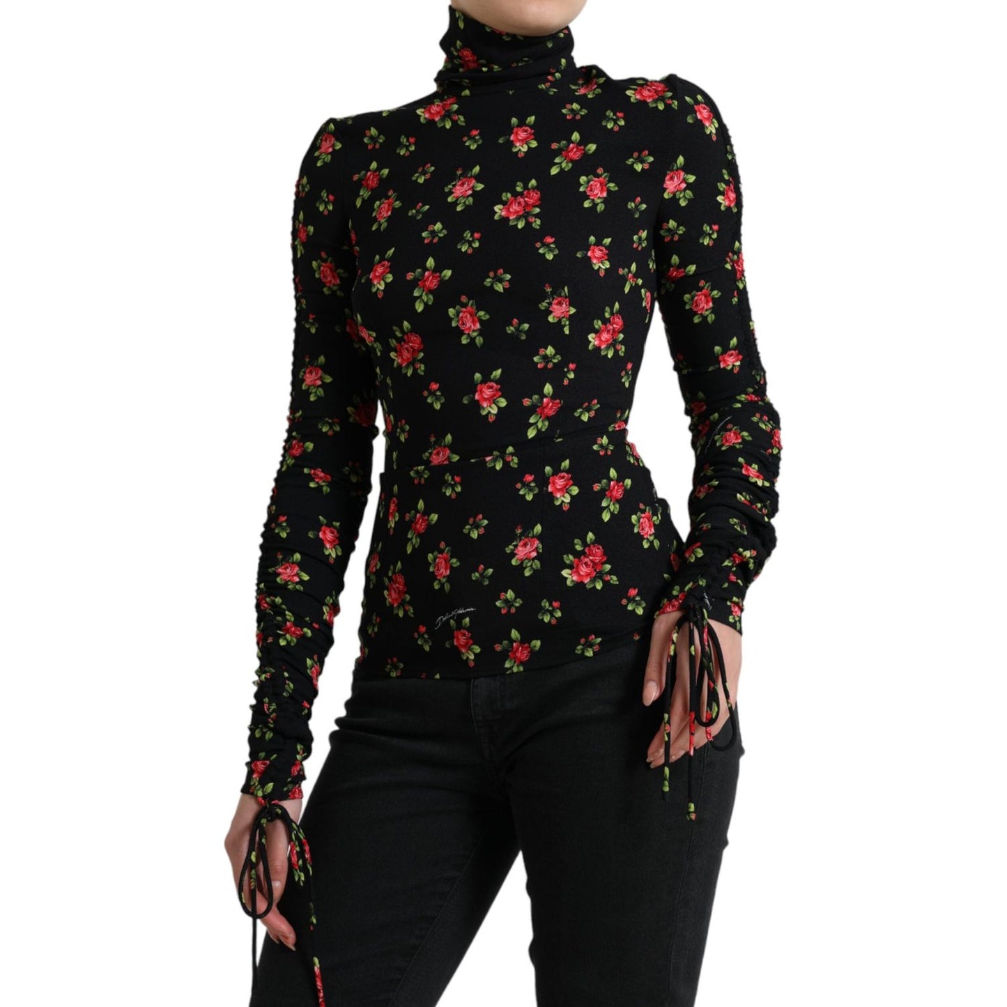 Dolce & Gabbana Elegant Floral Silk Blend Top black-rose-print-turtle-neck-blouse-top