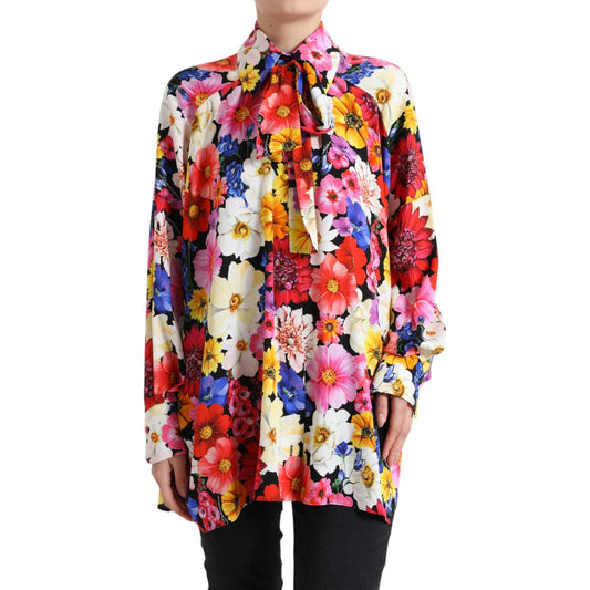 Dolce & Gabbana Floral Silk Blouse with Front Tie Fastening multicolor-floral-ascot-collared-blouse-top