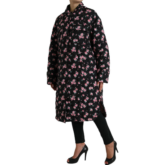 Dolce & Gabbana Elegant Floral Print Trench Coat Jacket black-floral-collared-trench-coat-jacket