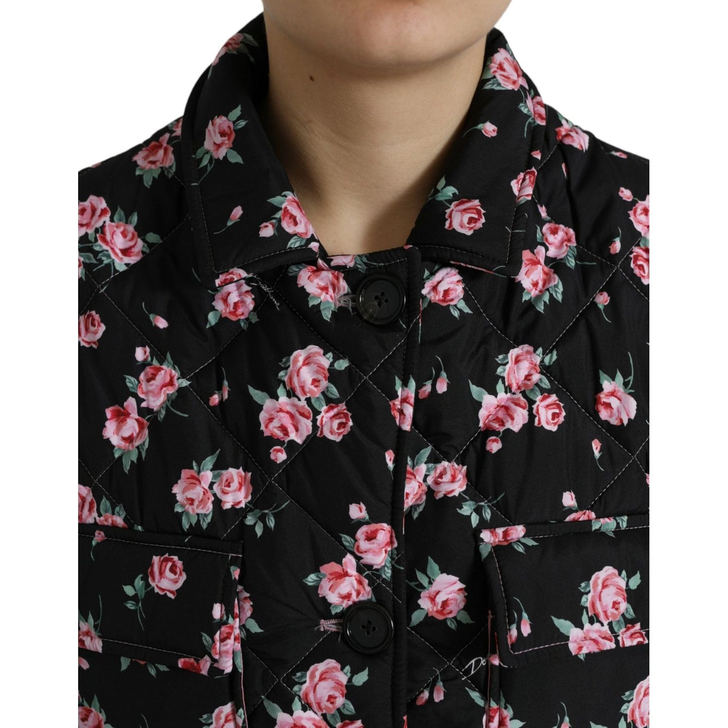 Dolce & Gabbana Elegant Floral Print Trench Coat Jacket black-floral-collared-trench-coat-jacket