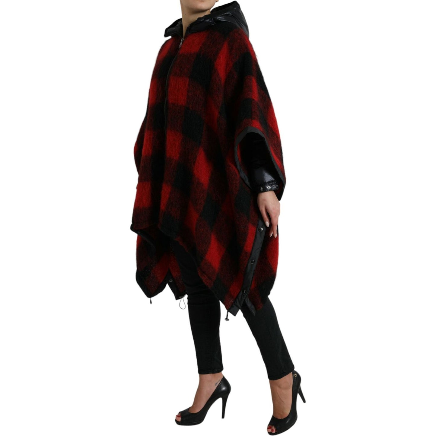 Dolce & Gabbana Elegant Buffalo Check Poncho Jacket black-red-buffalo-check-hooded-poncho-jacket