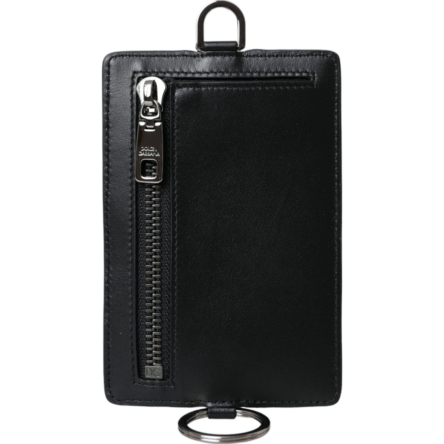 Black Calf Leather Lanyard Logo Card Holder Men Wallet