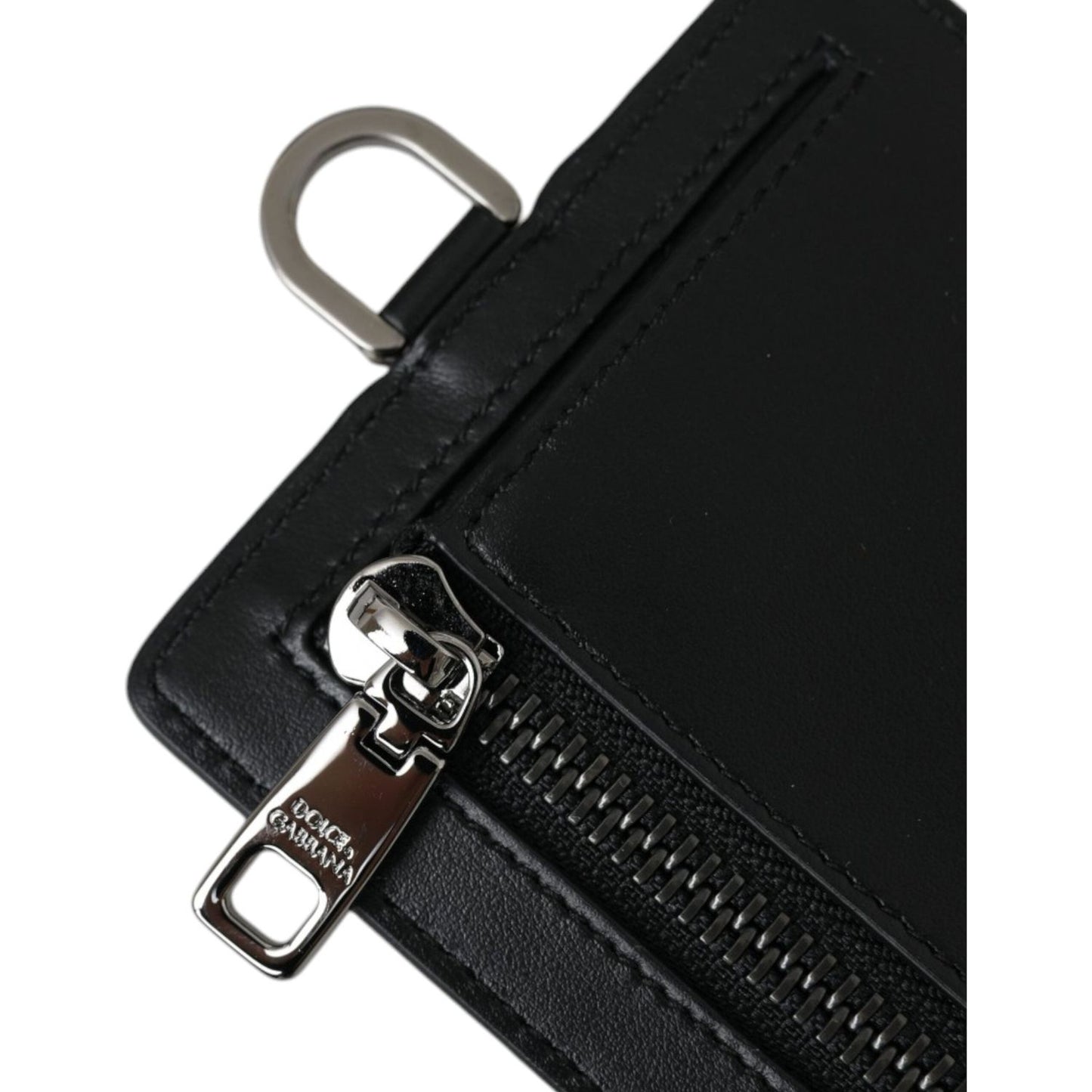 Black Calf Leather Lanyard Logo Card Holder Men Wallet