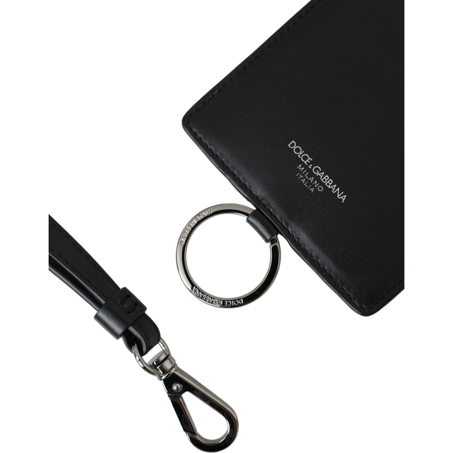 Black Calf Leather Lanyard Logo Card Holder Men Wallet