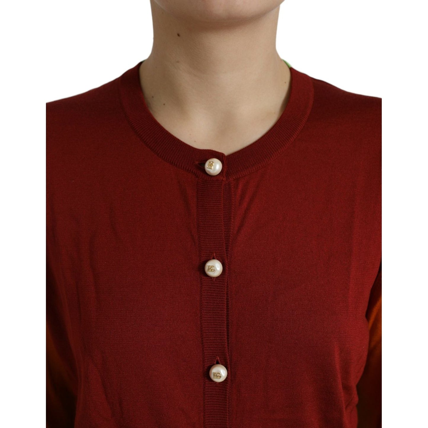 Dolce & Gabbana Silk Button Front Cardigan in Maroon Mix multicolor-cardigan-color-block-silk-crewneck-sweater