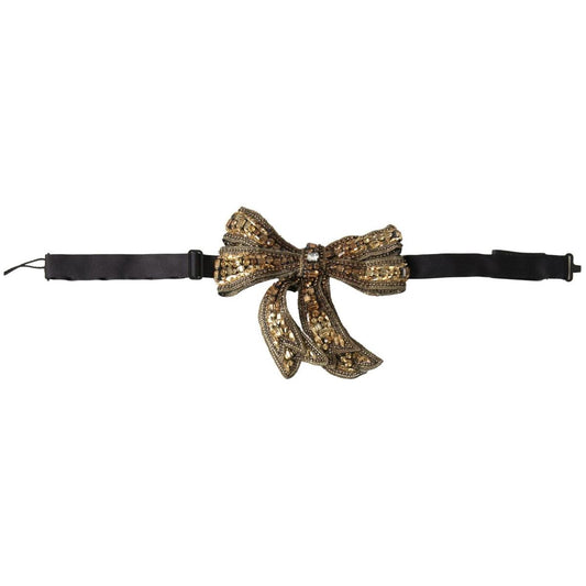 Dolce & Gabbana Gold Crystal Embellished Silk Bowtie gold-crystal-beaded-sequined-silk-catwalk-necklace-bowtie-1