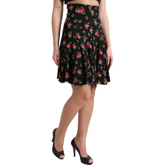 Dolce & Gabbana Floral A-Line Mini Skirt with High Waist black-rose-print-high-waist-a-line-mini-skirt