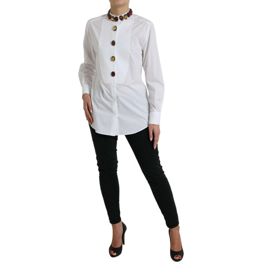 Dolce & Gabbana | Elegant Crystal-Embellished White Cotton Top| McRichard Designer Brands   