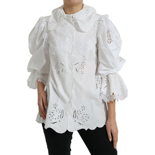 Dolce & Gabbana | Elegant White Lace Trim Blouse Top| McRichard Designer Brands   