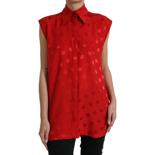 Dolce & Gabbana | Elegant Polka Dot Sleeveless Silk Blouse| McRichard Designer Brands   
