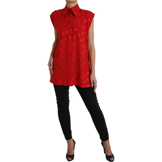 Dolce & Gabbana Elegant Polka Dot Sleeveless Silk Blouse red-polka-dot-sleeveless-collared-blouse-top