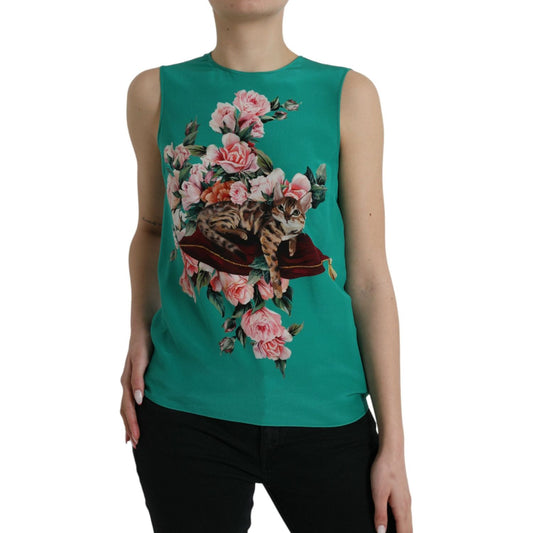 Dolce & Gabbana | Elegant Silk Sleeveless Floral Cat Tank Top| McRichard Designer Brands   