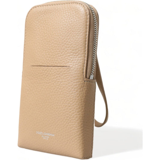 Dolce & Gabbana | Elegant Beige Leather Crossbody Phone Bag| McRichard Designer Brands   