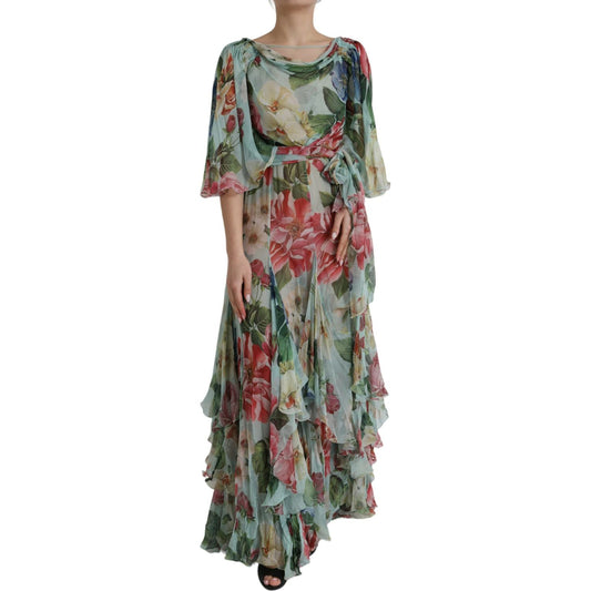Dolce & Gabbana Blue Floral Print Tiered Long Maxi Dress blue-floral-print-tiered-long-maxi-dress-1