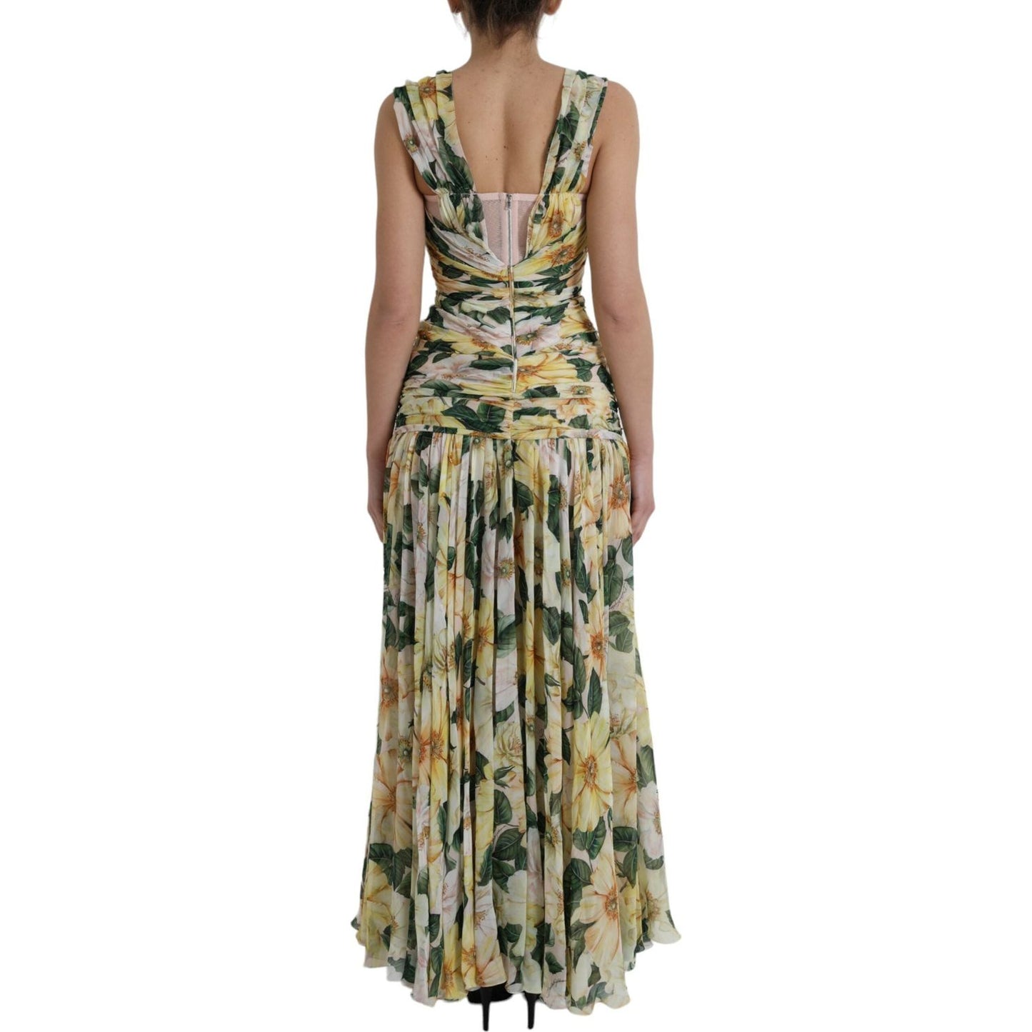 Dolce & Gabbana Yellow Floral Print Silk Pleated Maxi Dress yellow-floral-print-silk-pleated-maxi-dress