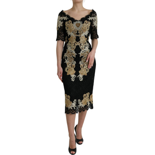 Dolce & Gabbana Black Floral Lace Cotton Sheath Midi Dress black-floral-lace-cotton-sheath-midi-dress