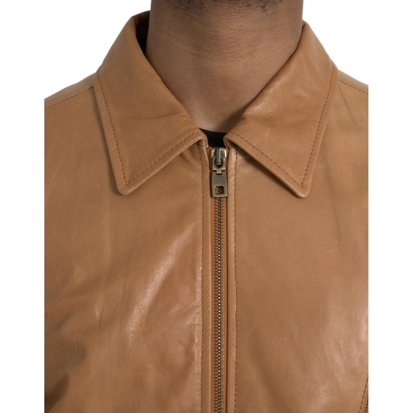 Dolce & Gabbana Brown Lamb Leather Full Zip Blouson Jacket brown-lamb-leather-full-zip-blouson-jacket-1